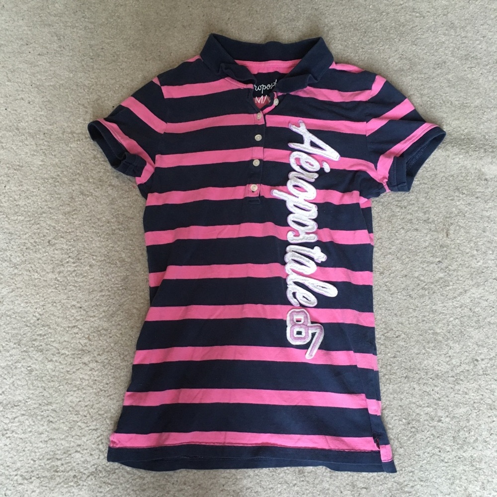 Aeropostale Pink and Navy Blue Striped Polo Shirt
